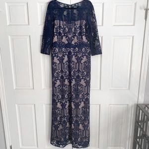 Signature by Sangria Navy and Nude Lace Gown